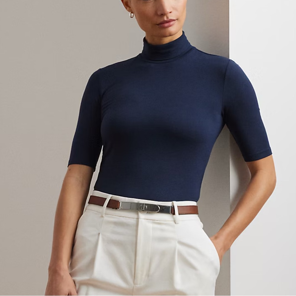 Ralph Lauren | Navy Jersey Short Sleeve Mock Neck Top - XL